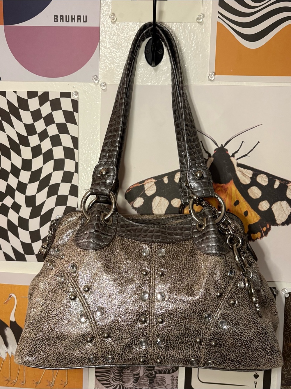 Kathy Van Zeeland Metallic Rhinestone Studded Shoulder Bag Y2K Glam